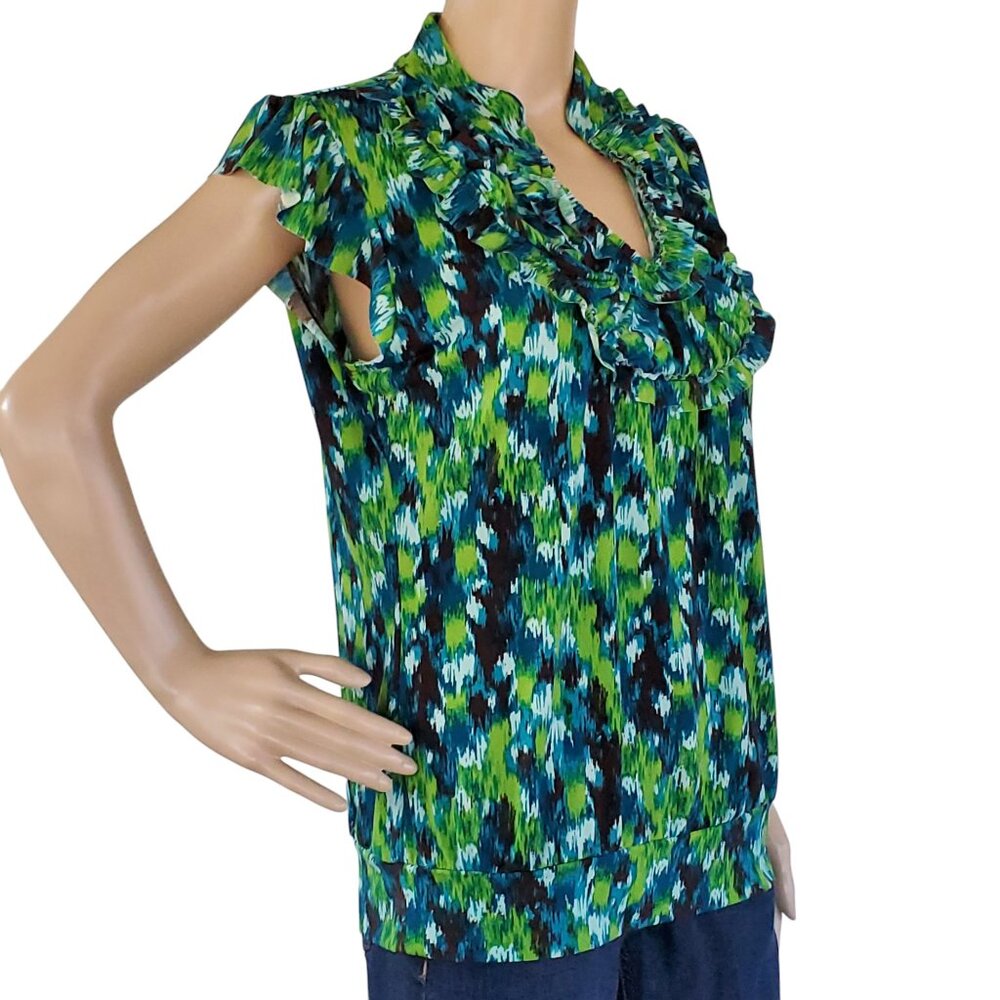 Heart Soul Blouse Top Women's Large Blue Green Ruffle Knit Stretch Cap Sleeves